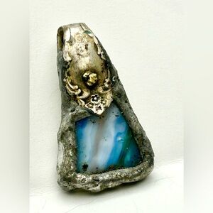 Unique UpCycled Pendant. Silver plated spoon parts, solder, and glass.